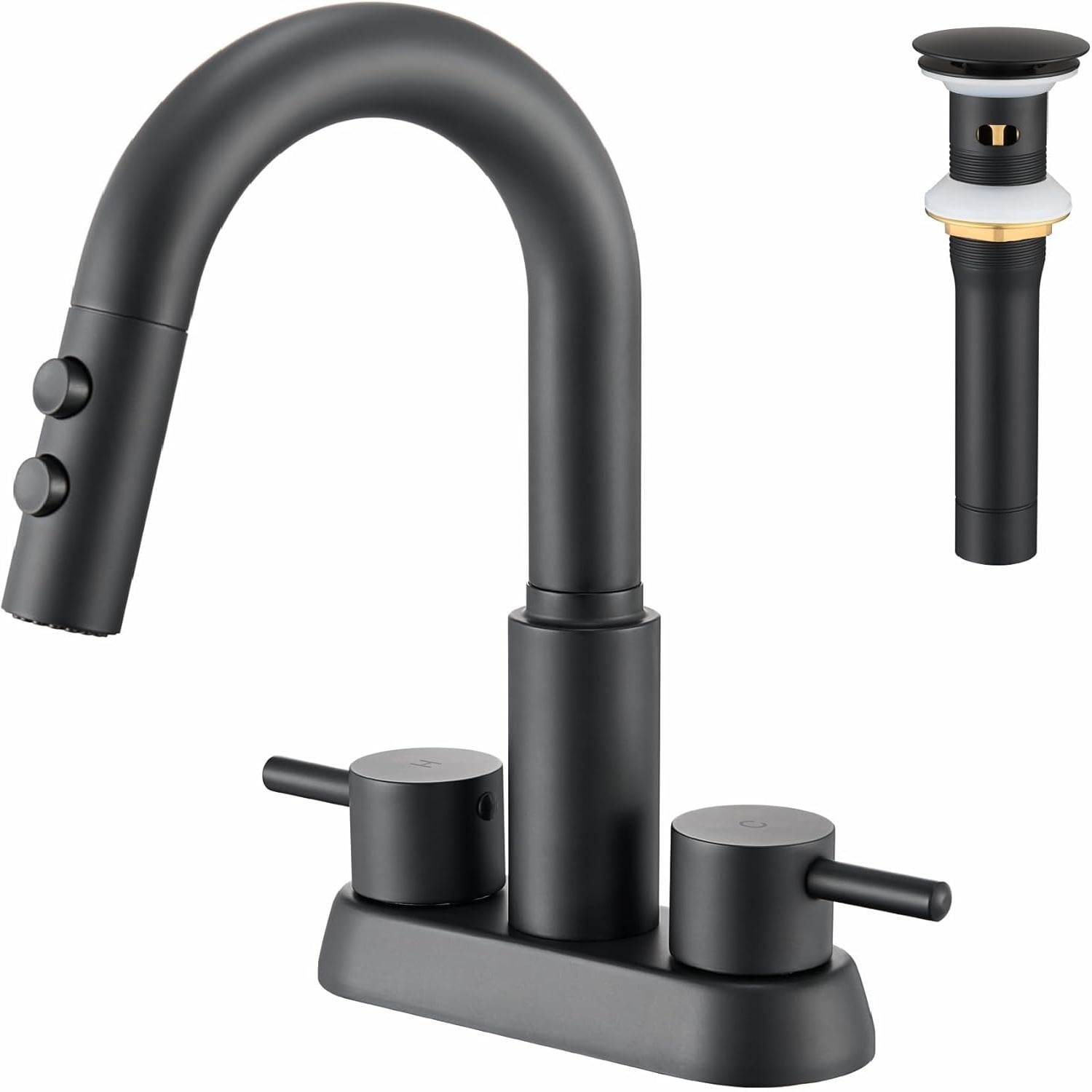 Bathroom Faucet with Pull Down Sprayer 3 Holes, Matte Black 4 inch 2 Handles Centerset Laundry Bar Basin Pull Out Bathroom Sink Faucet with Pop-Up Drain