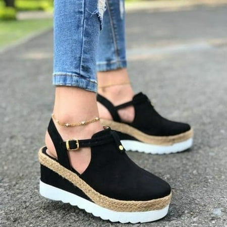 

XIAOFFENN Women Sandals Vintage Wedge Buckle Strap Straw Thick Bottom Flats Female Shoes