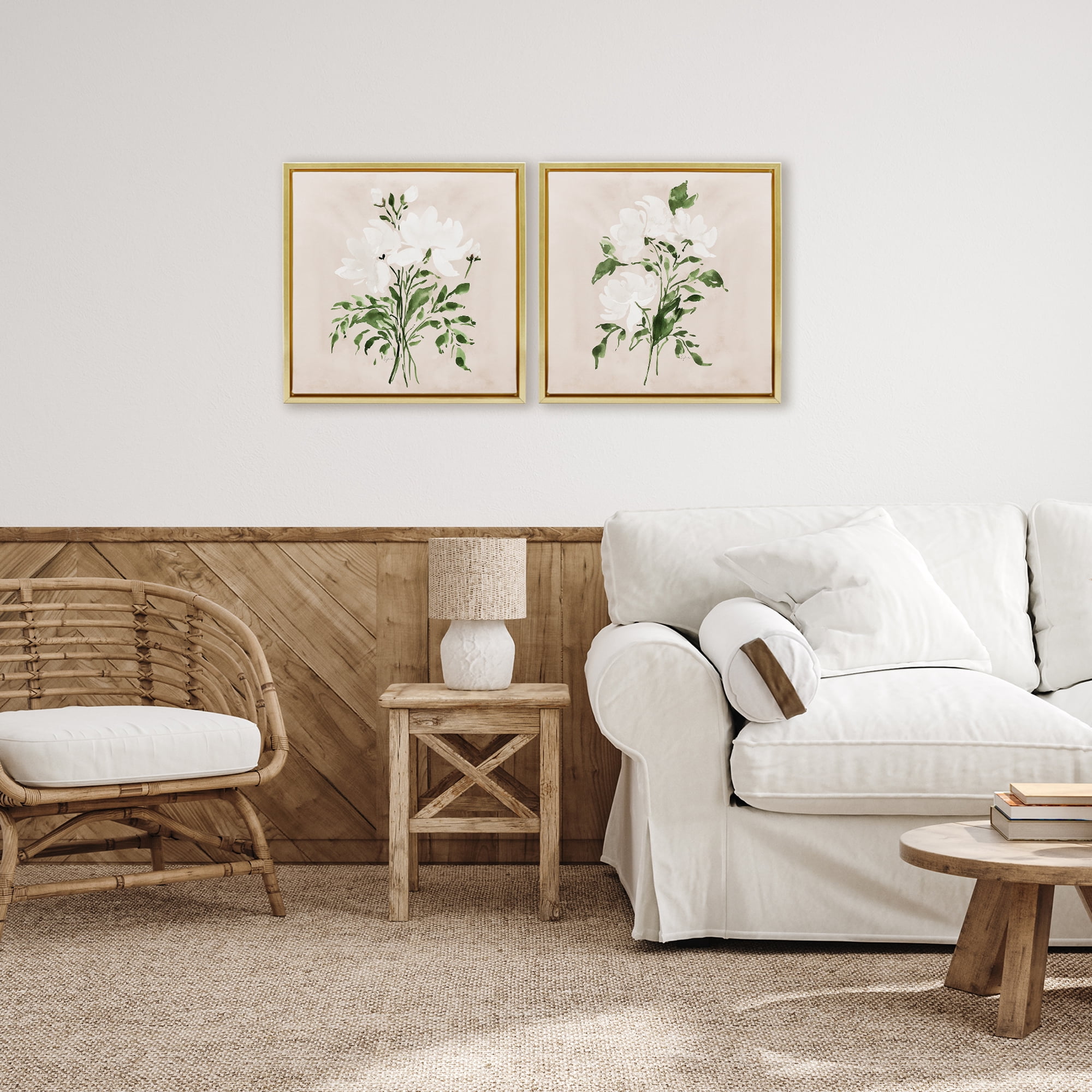 Stupell Industries White On Tan Botanicals 2 Piece Gold Framed Floater Canvas Set, design by Lucille Price