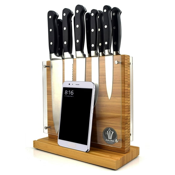 Bmbu Block - Magnetic Knife Block | Double-Sided Knife Holder and Stand | Protective Acrylic Glass on Both Sides| Integrated Stand for Phone, Tablet or Cookbook| Block Only