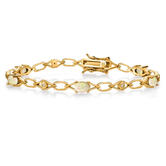 Gem Stone King 18K Yellow Gold Plated Silver White Ethiopian Opal and Round White Lab Grown Diamond Tennis Bracelet for Women (1.96 Cttw, Gemstone Birthstone, Oval 6X4MM, 7.25 inches)
