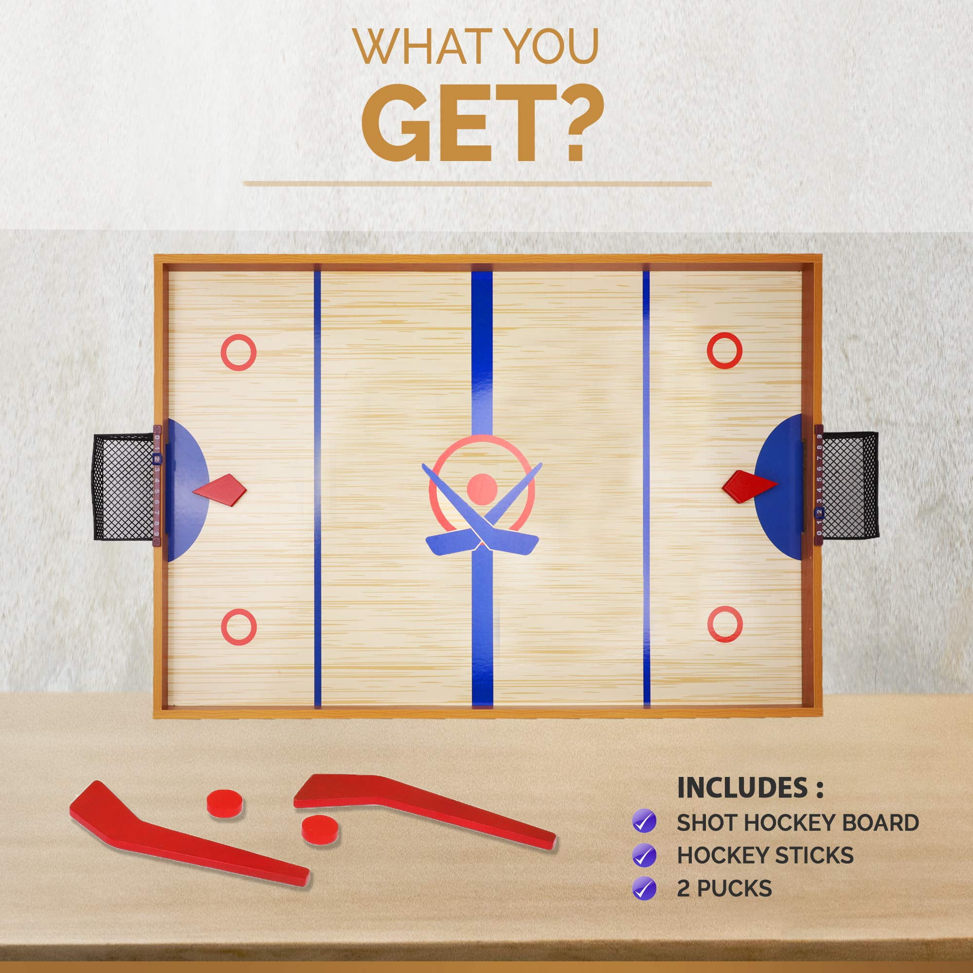Point Games Tabletop Slap Shot Hockey Game, Super Durable Large Wooden Hockey Board with 2 Hockey Sticks and Pucks, Great Family Game for Ages 4+