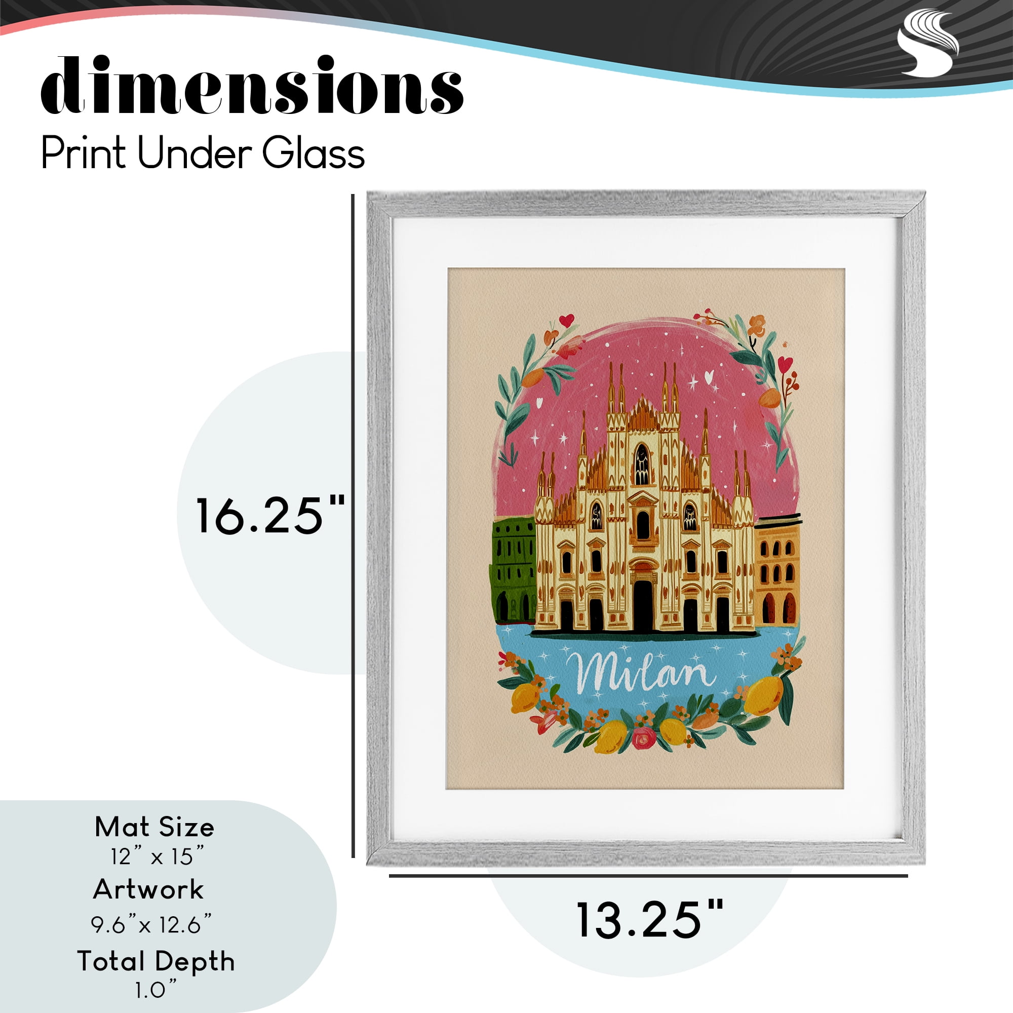 Floral Bordered Milan Gray Framed Print Under Glass, design by Yen