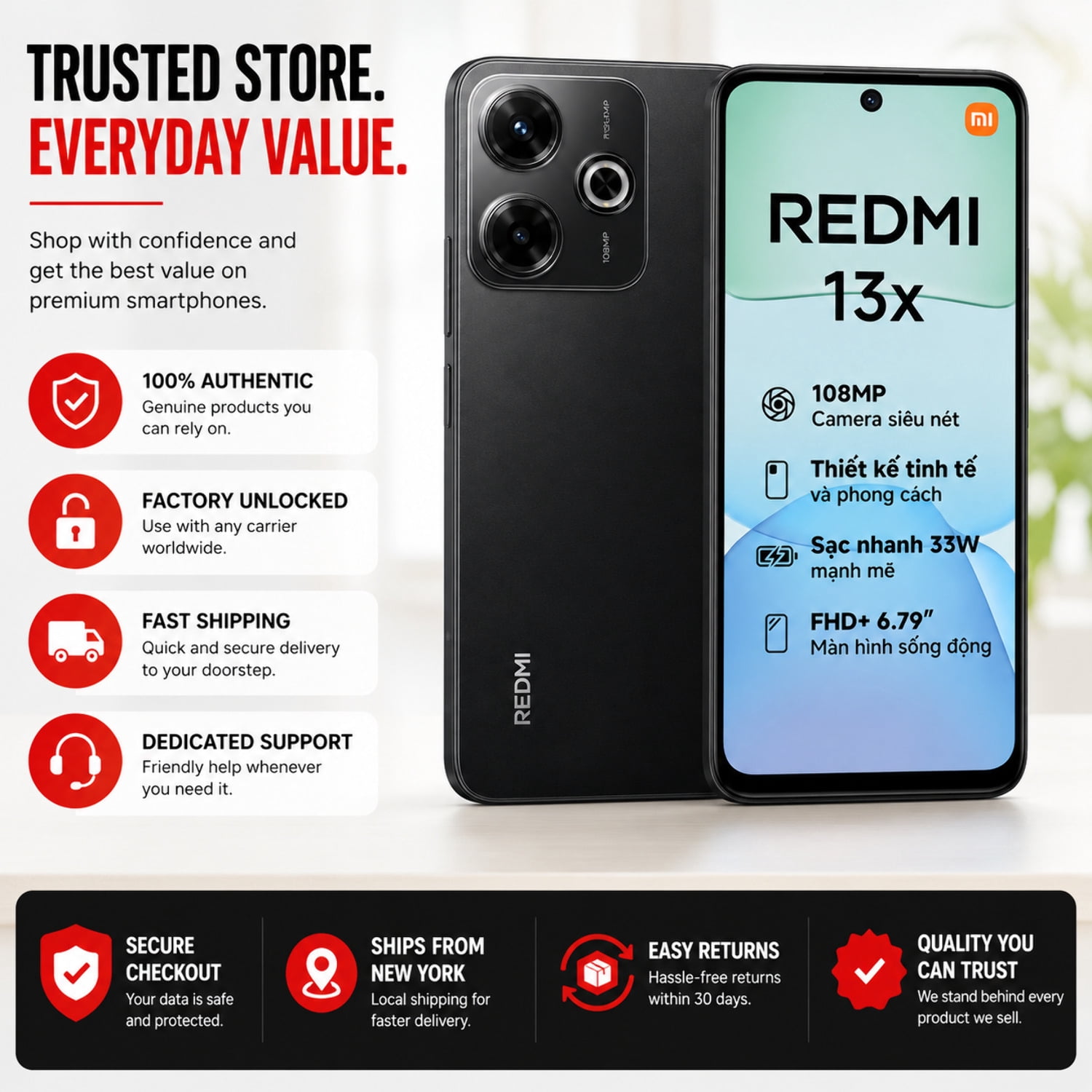 Xiaomi Redmi 13X 4G 256GB ROM 8GB RAM Dual SIM GSM Unlocked - Black