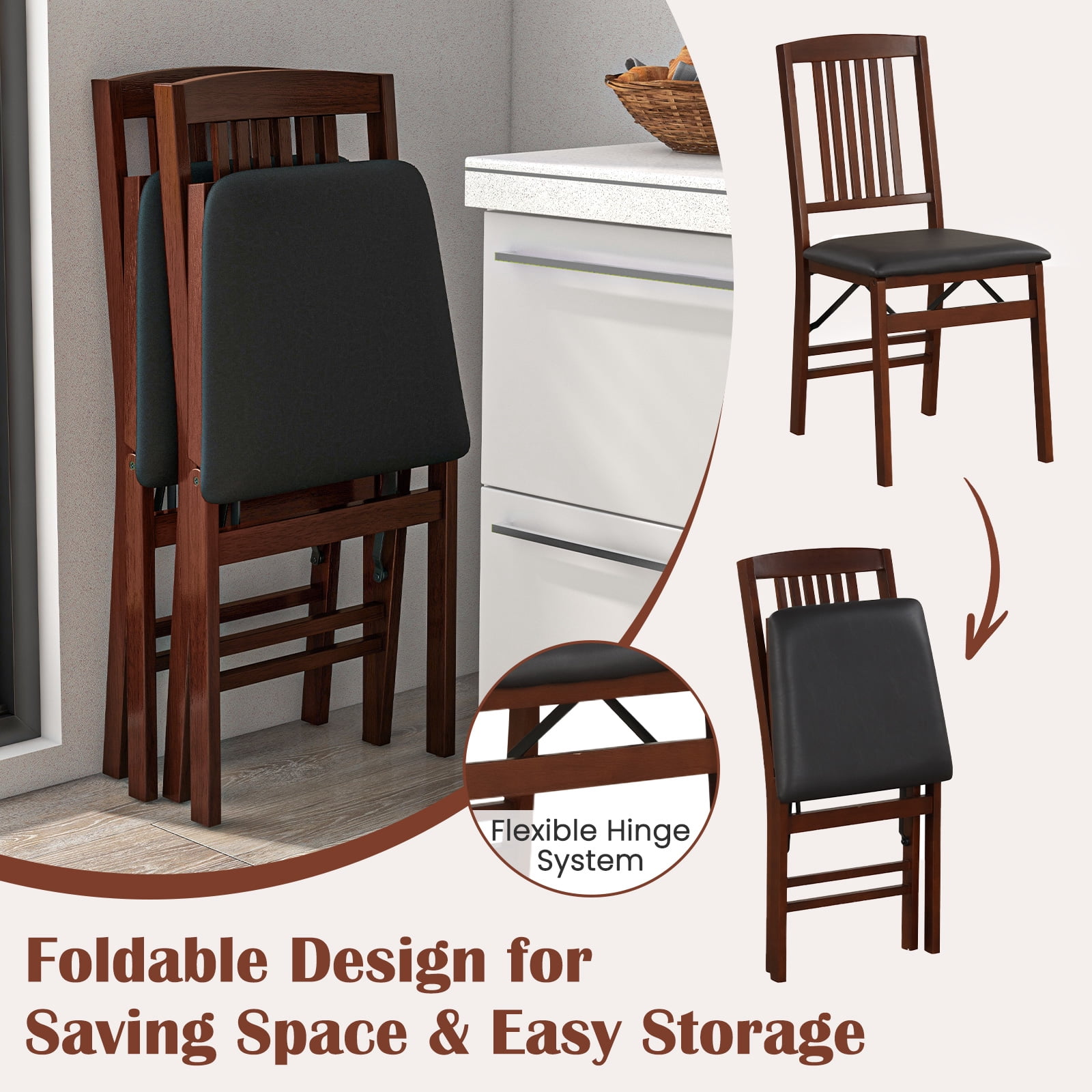 Gymax Folding Dining Chairs Set of 2 w/Padded Seat Rubber Wood Frame for Dining Room