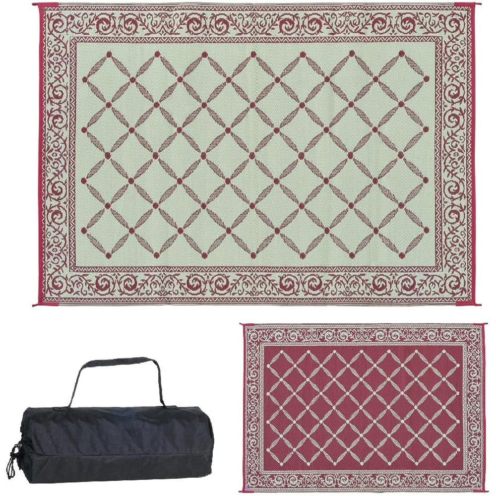 REVERSIBLE MATS 116095 Outdoor Patio 6Feet x 9Feet, Burgundy/Beige RV Camping Mat Walmart