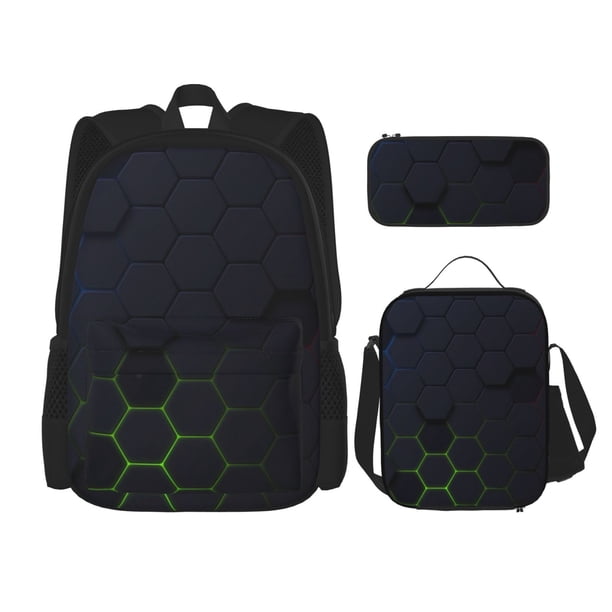 Balery Modern Hexagonal Neon Grid Mochila escolar 3 en 1 para niños: mochila resistente con lonchera térmica y estuche para lápices. Mochila escolar para niños y niñas.