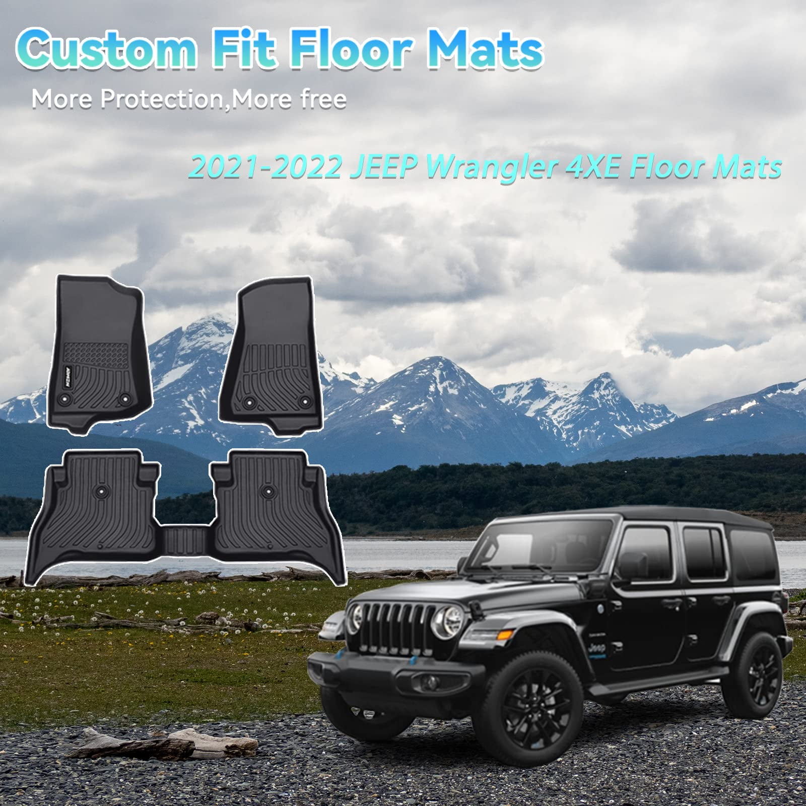 Floor Mats for Jeep Wrangler 4XE Accessories,Jeep Wrangler 4XE Heavy Duty Floor  Mats Full Set Front & Rear Cargo Mat All Weather Non-Slip TPE Floor Mats(Not  for 2 Door and JL) -