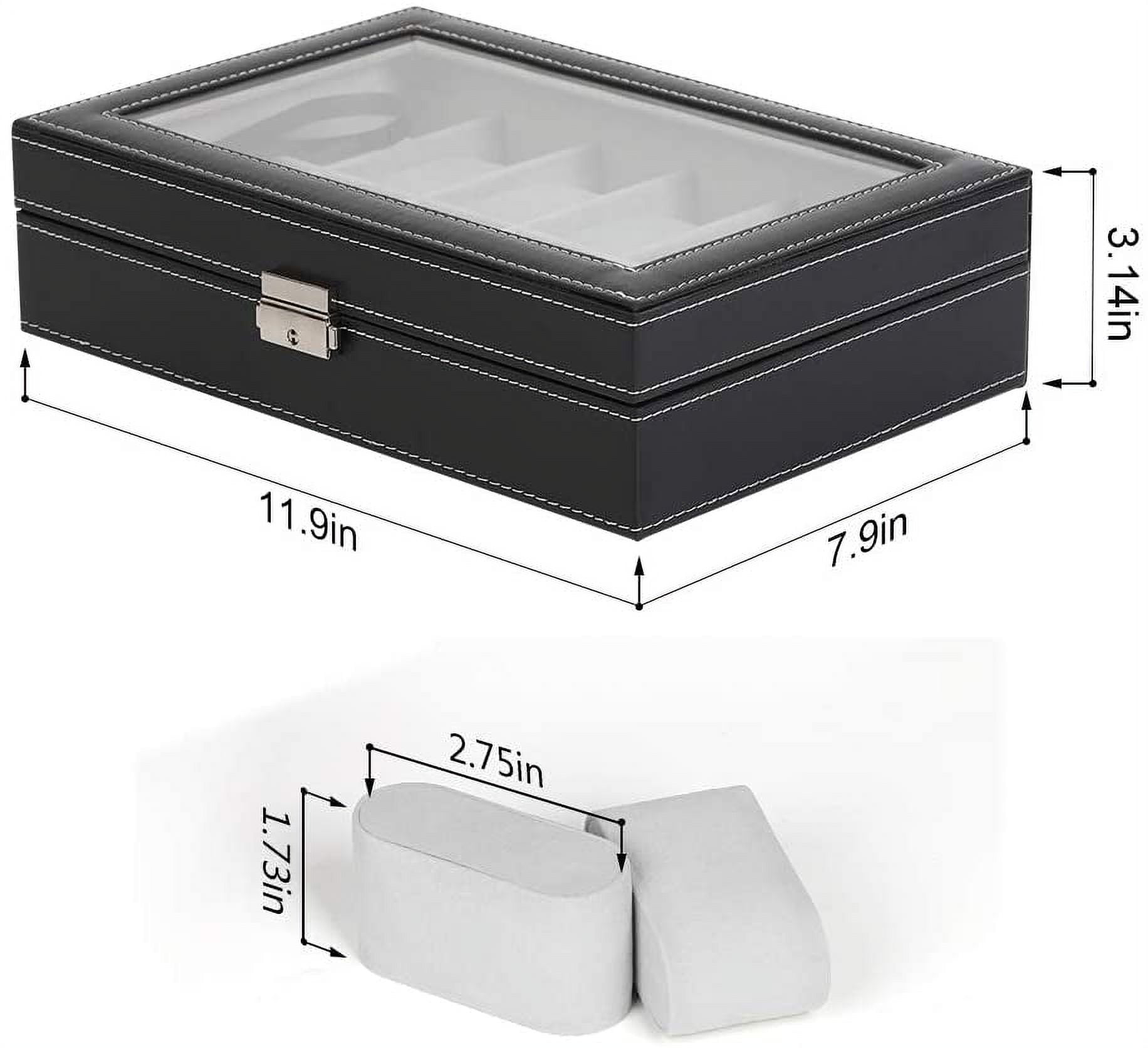 12-Slot Watch Box, Watch Organizer, Lockable Jewelry Display Case with Real Glass Top, Synthetic Leather, Black