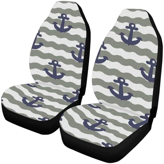 FMSHPON Set of 2 Car Seat Covers Anchor Off-White Stripes Universal Auto Front Seats Protector Fits for Car,SUV Sedan,Truck