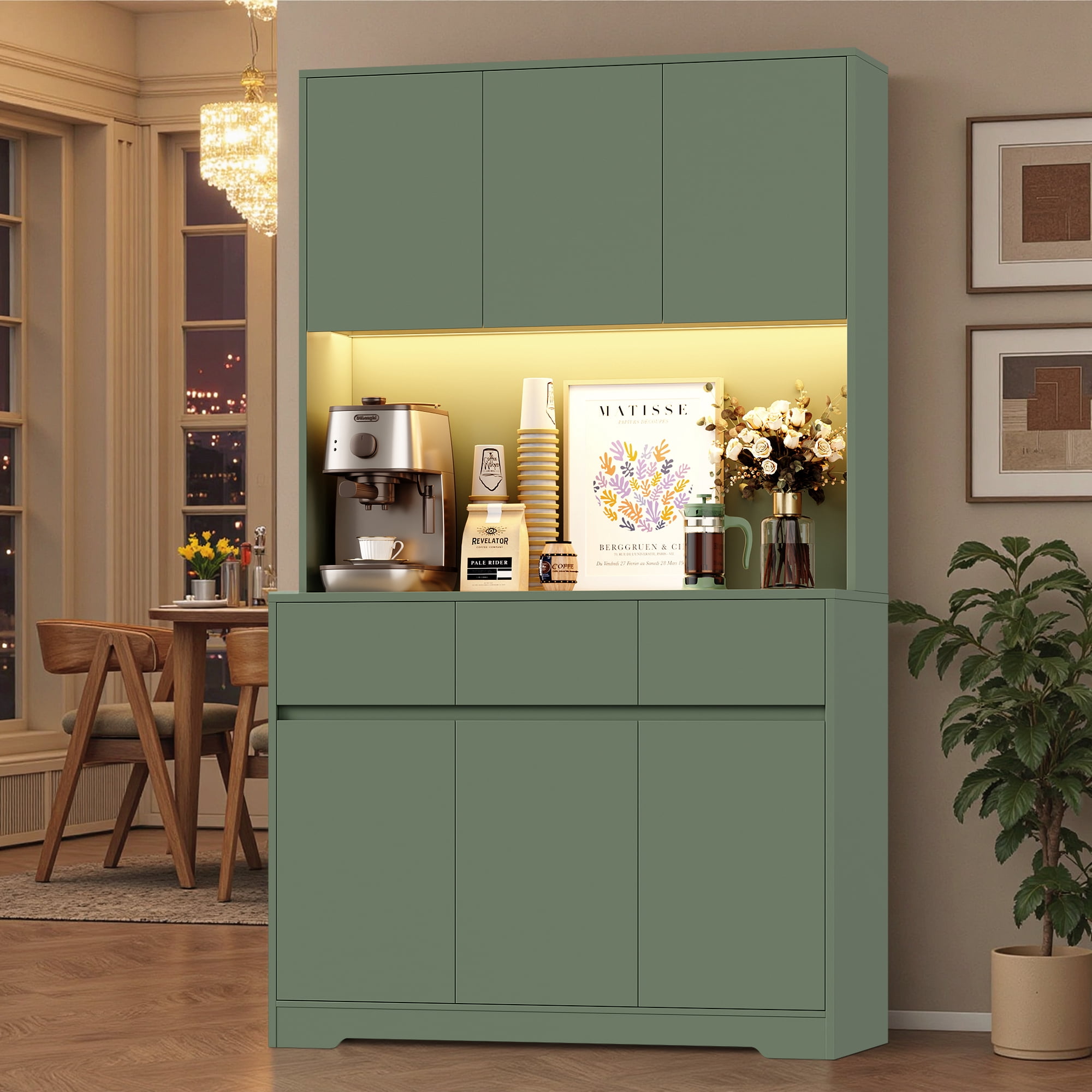 Homfa 70.9'' Tall Kitchen Pantry Cabinet with Charge Station & Led Light, 3 Drawer Storage Cabinet with Adjustable Shelves, Green