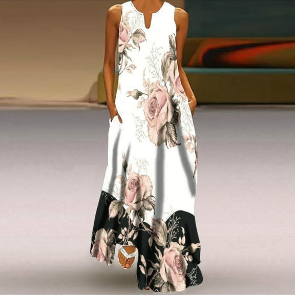 Alkepwun Women Summer Casual Bohemian Maxi Dress Notched V-Neck Sleeveless Flowy Boho Floral Beach Long Dress with Pockets