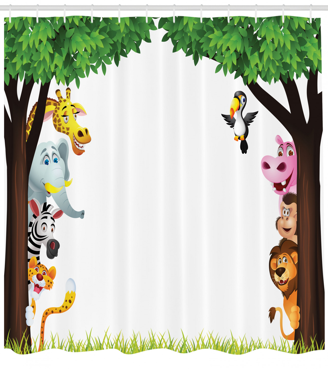 Nursery Shower Curtain, Big Trees and Friendly Jungle Safari Animals