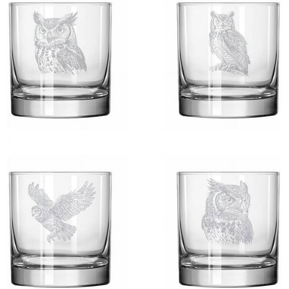 Set of 4 Glass 11 oz Rocks Whiskey Old Fashioned Gift Owl Collection
