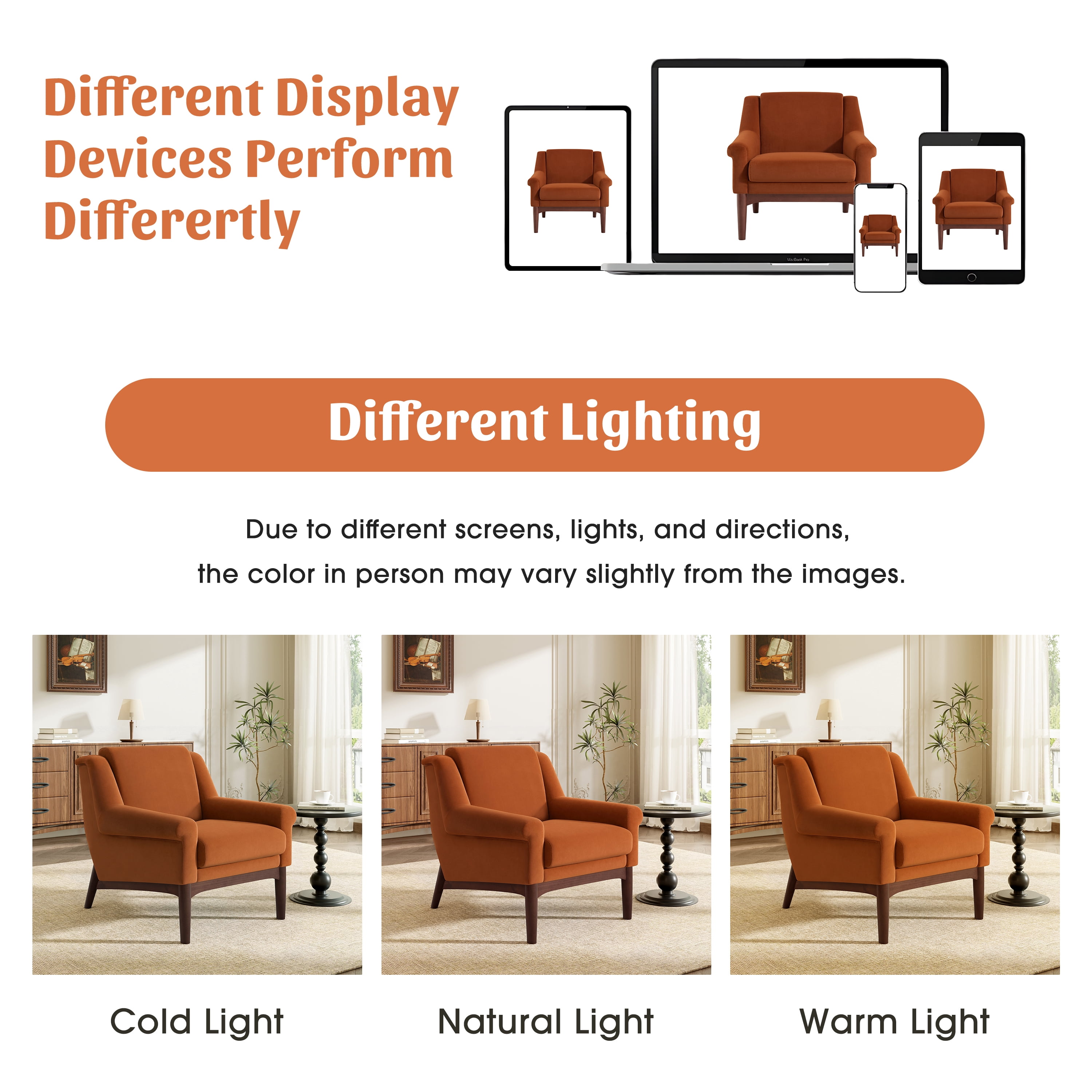 GARITIN Mid Century Modern Accent Chair 31 Inch, Upholstered Lounge Chair with Flared Arms and Solid Wood Legs for Living Room, Orange