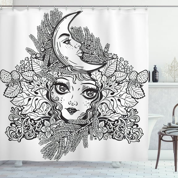 Magic Moon Shower Curtain, Monochromatic Detailed Sketch of Girl with Moon and Flowers Print, Fabric Bathroom Set with Hooks, 69W X 75L Inches Long, Charcoal Grey and White, by Ambesonne
