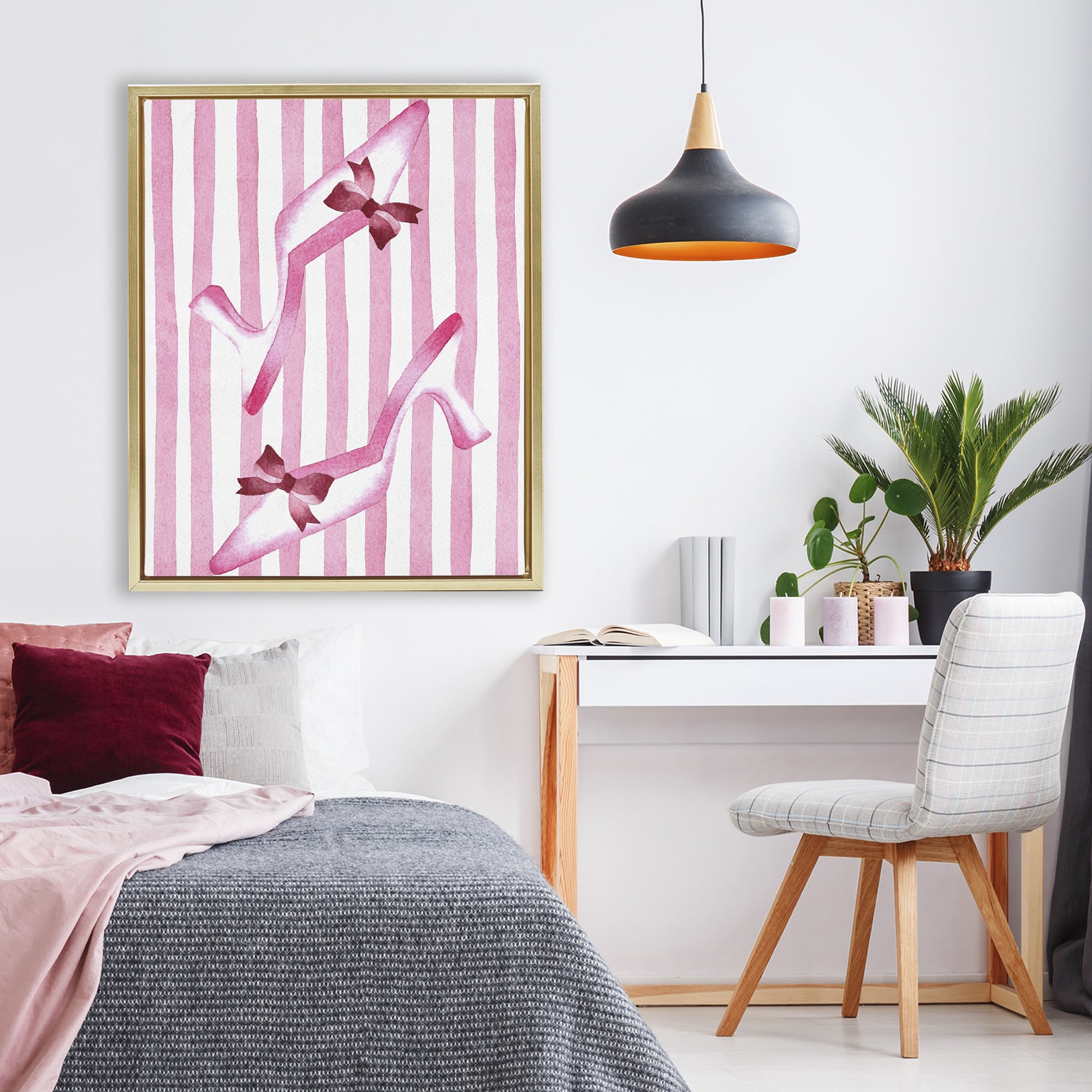 Stupell Industries Bow Heels on Pink Stripes Gold Framed Floater Canvas Wall Art, design by Camila Juncos