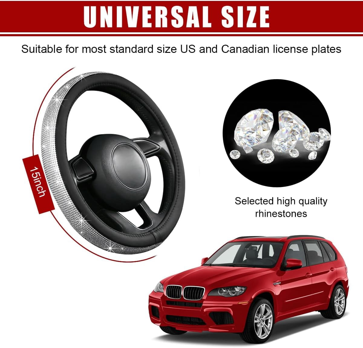 Sparkling Crystal Rhinestone Bling Car Steering Wheel Cover for Women Anti Slip Auto Wheel Protector Fit 15 Inch Steering Wheel Universal Car Accessories, White