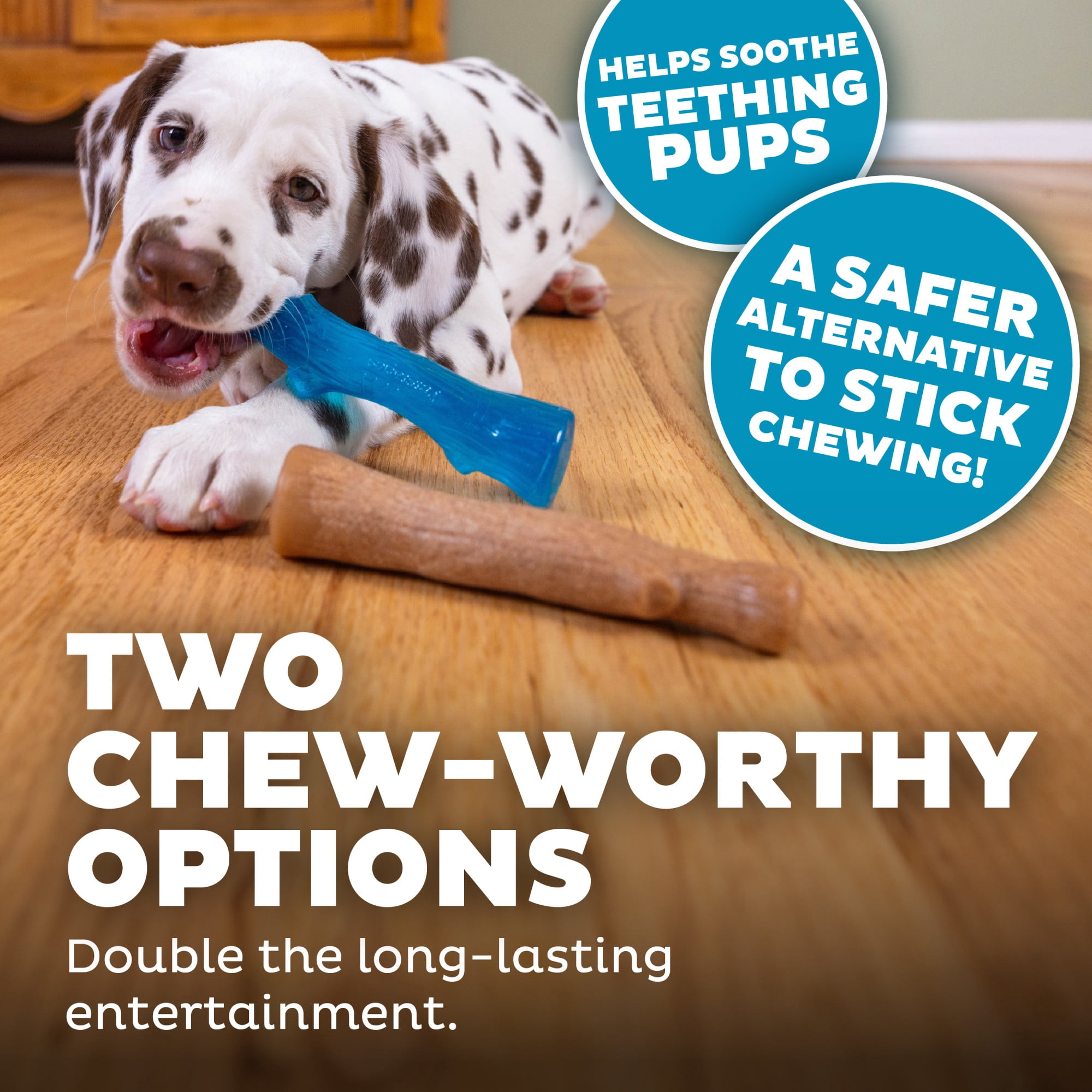 Pupstages by Petstages Puppy 2-Pack Dog Chew Toys – Real-Wood Blend Dogwood & Chewy TPE, Moderate Chewers, Small, 5.3"