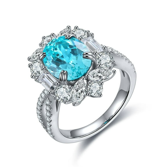 Oval Cut Lab Created Sky Blue Topaz and Moissanite Halo Wedding Ring in 925 Sterling Silver – Floral Cluster Cocktail Engagement Ring – Statement Gift for Women