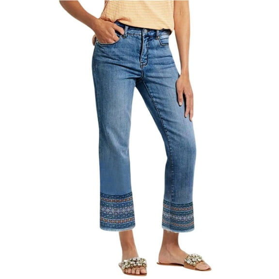 LWavelet Womens Embroidered Cuff Cropped Jeans Slim Fit Daily Casual Denim Pants Blue M