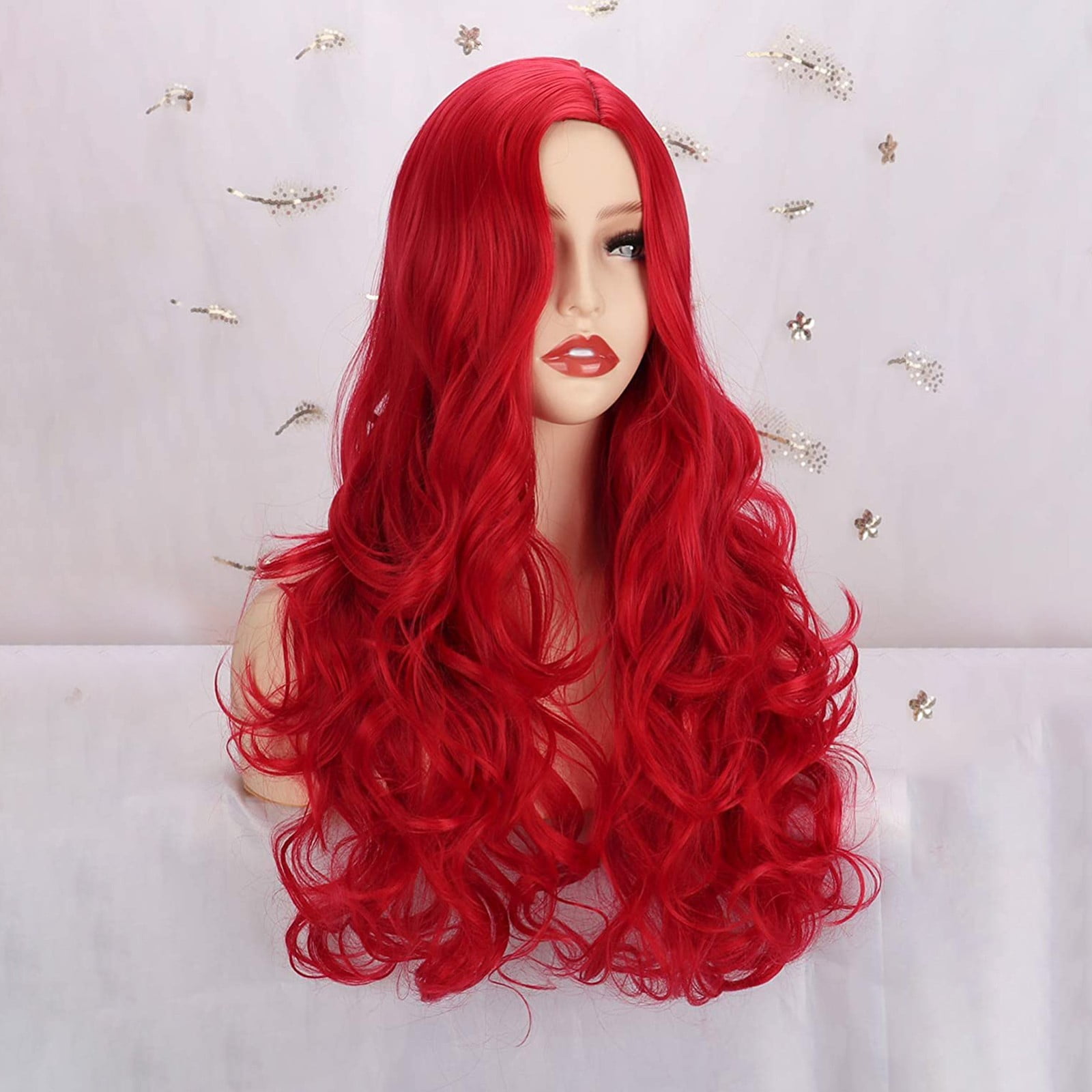 Long Red Lace Front Wig for Women, Middle Part Wavy Colored Wig with Highlight Cap, Heat Resistant Synthetic Wig(Red-2,One Size)