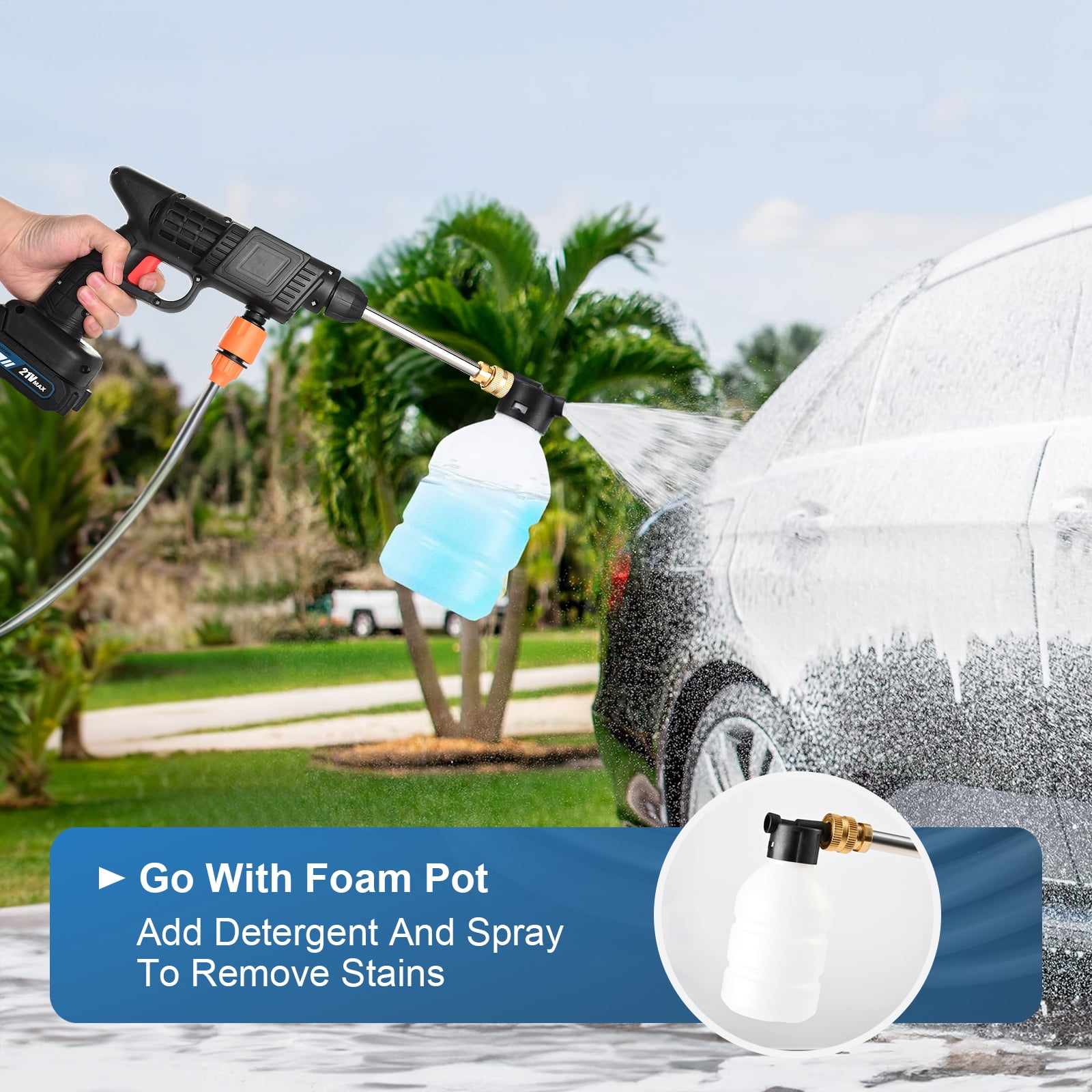 Cordless Pressure Washer 21V 2*Batteries Powered Portable Handheld for Car, Floor, Wall, Fence & Yard Cleaning - Home & Outdoor Use