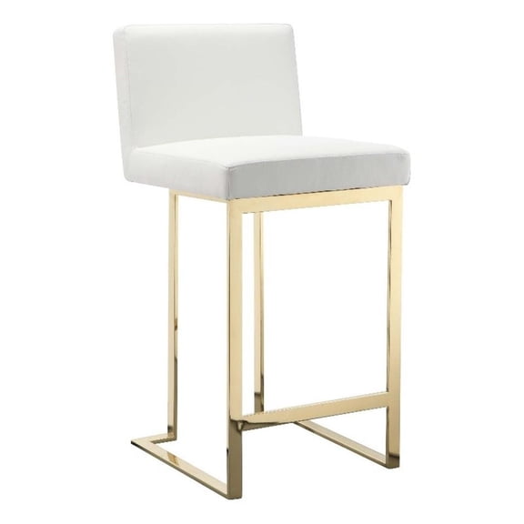 Benjara Boly 26" Counter Stool- Cushioned White Faux Leather- Gold Cantilever