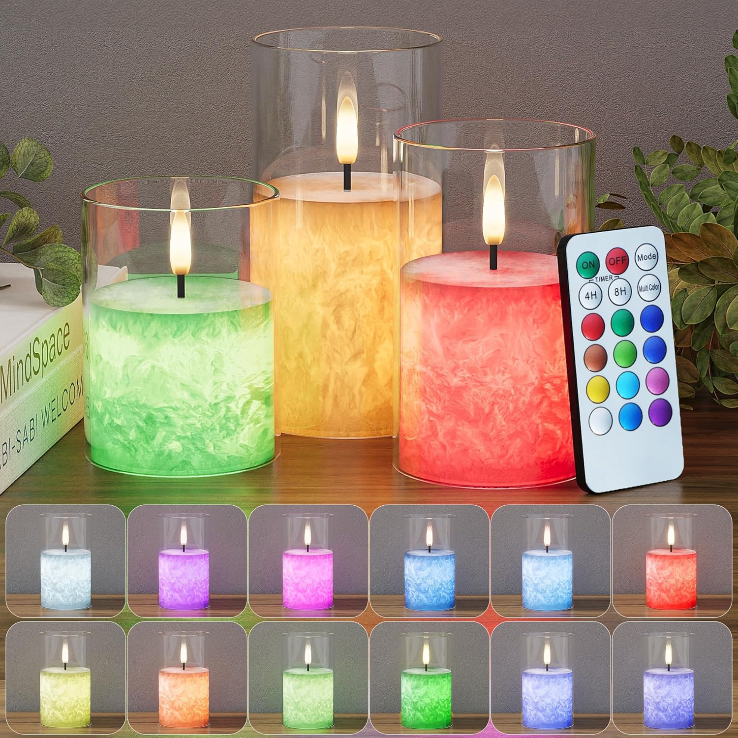 Ice Crystal Real Wax Glass Flameless Candles with Remote & Timer, Battery Operated Candles with Warm Flickering Flame, Realistic LED Candle for Wedding Home Decor [D3×H4/5"/6"] Gold, 3Pack