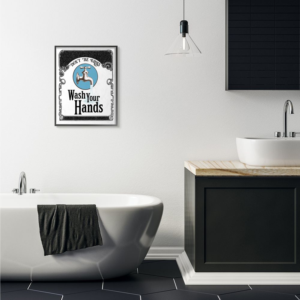 Stupell Industries Wash Your Hands Vintage Blue Black Bathroom Design Framed Wall Art by The Saturday Evening Post