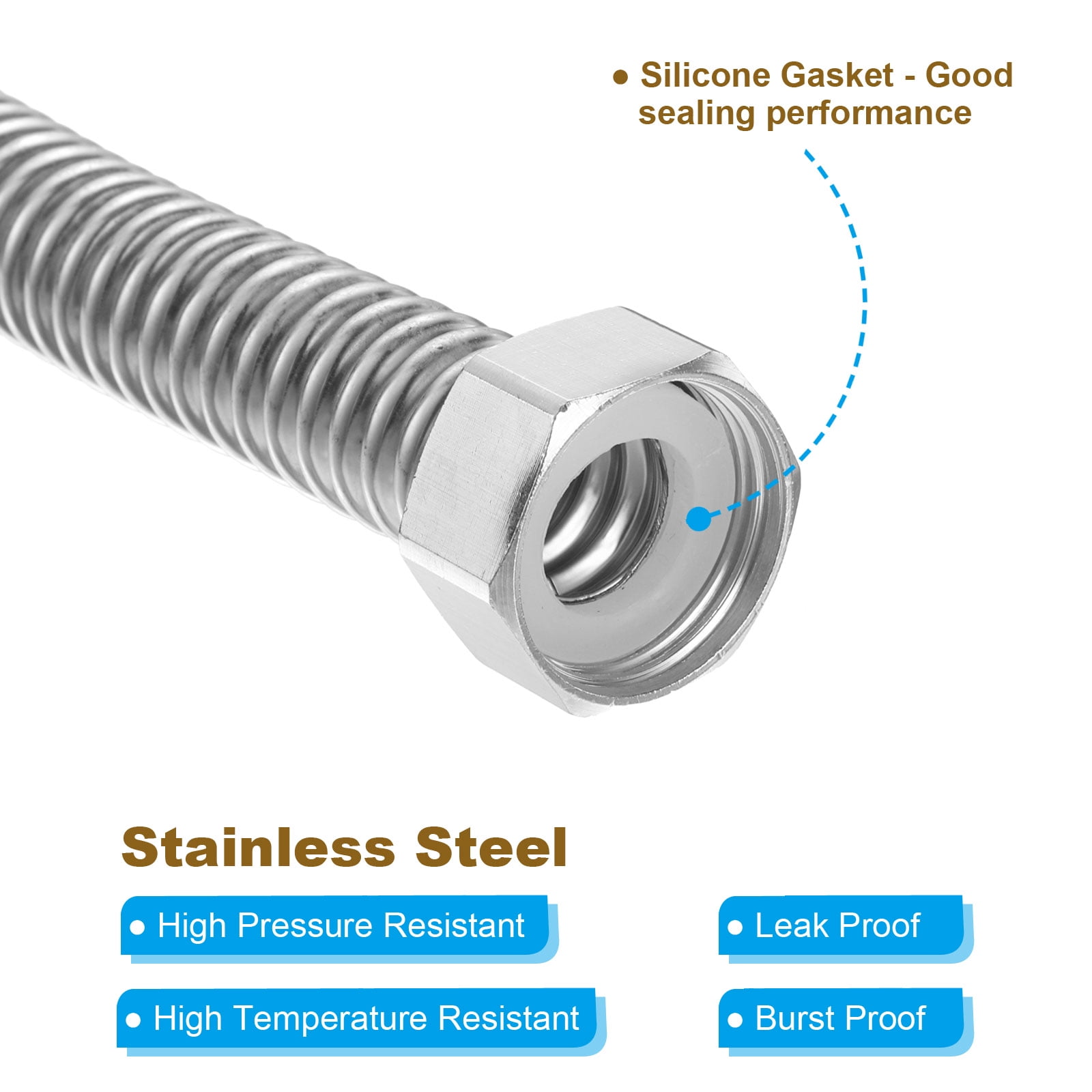 Flexible Stainless Steel Water Heater Hose, 2 Pack 24 Inch Durable Connector Hoses for Female Iron Water Pipes Fitting