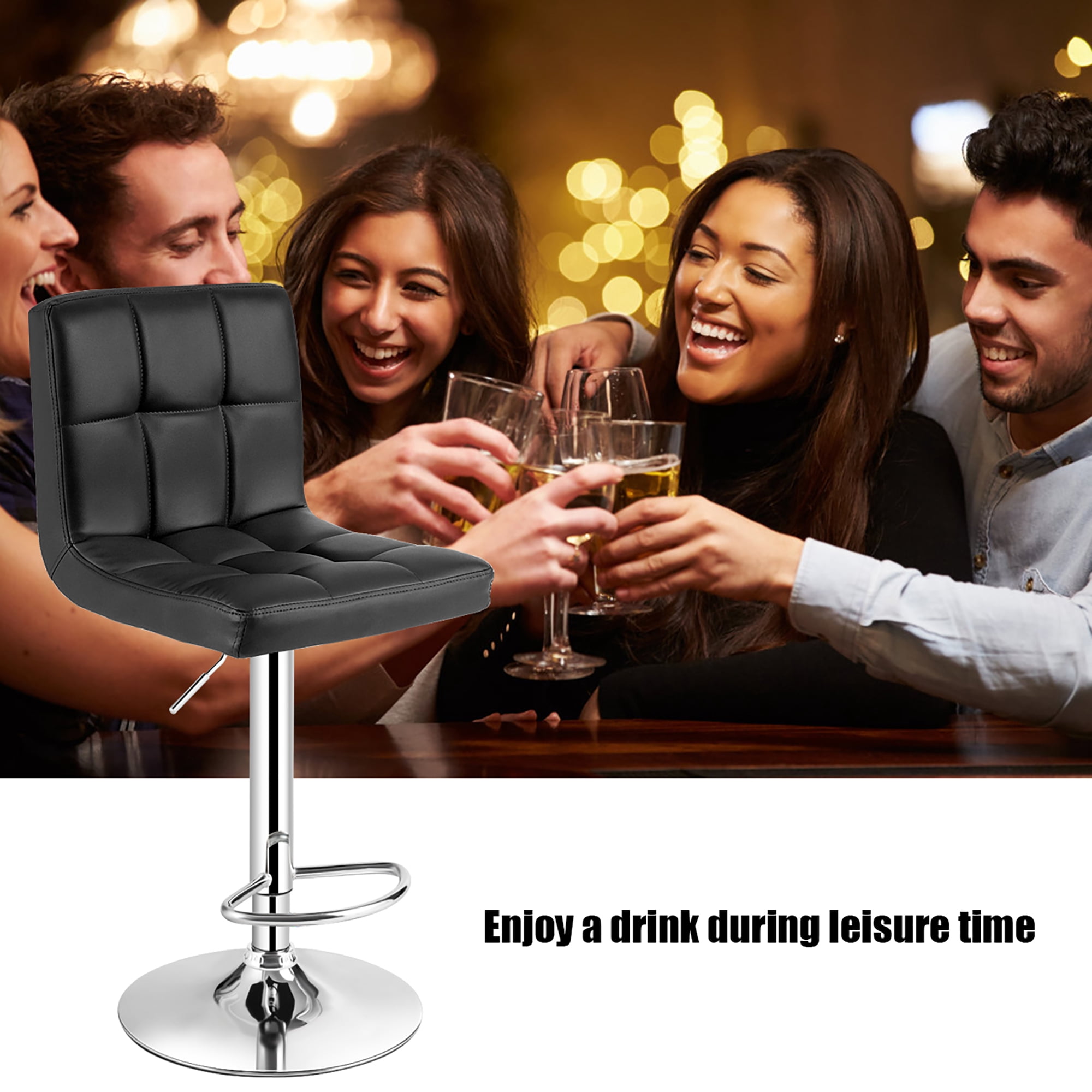 Costway Adjustable Swivel Bar Stool Counter Height Bar Chair PU Leather w/ Back Black