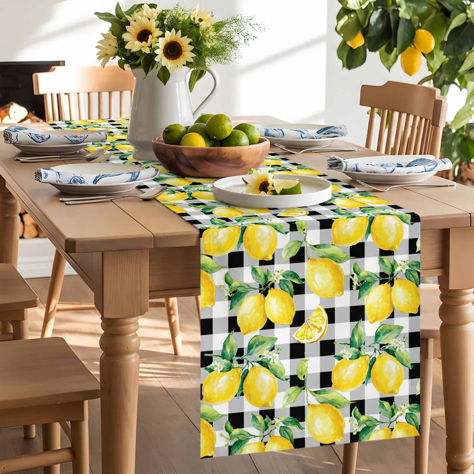 Summer Lemon Fruit Farm Harvest Table Runner 90 Inches Long, Black White Buffalo Plaid Table Runners Tabletop Scarf Kitchen Dining Tables Decoration for Home Party Indoor Outdoor