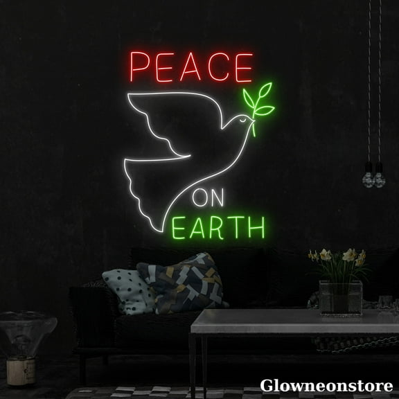 Glowneon Peace on Earth Neon Sign, Peace on Earth Led Sign, Pigeon Neon Light, Peaceful Decor