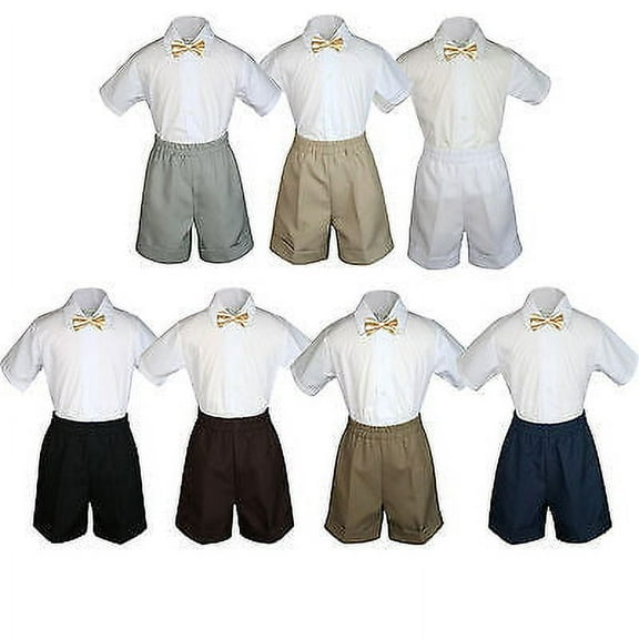 3pc Set Boy Toddler Formal Party Champagne BowTie White Navy Khaki Shorts S-4T