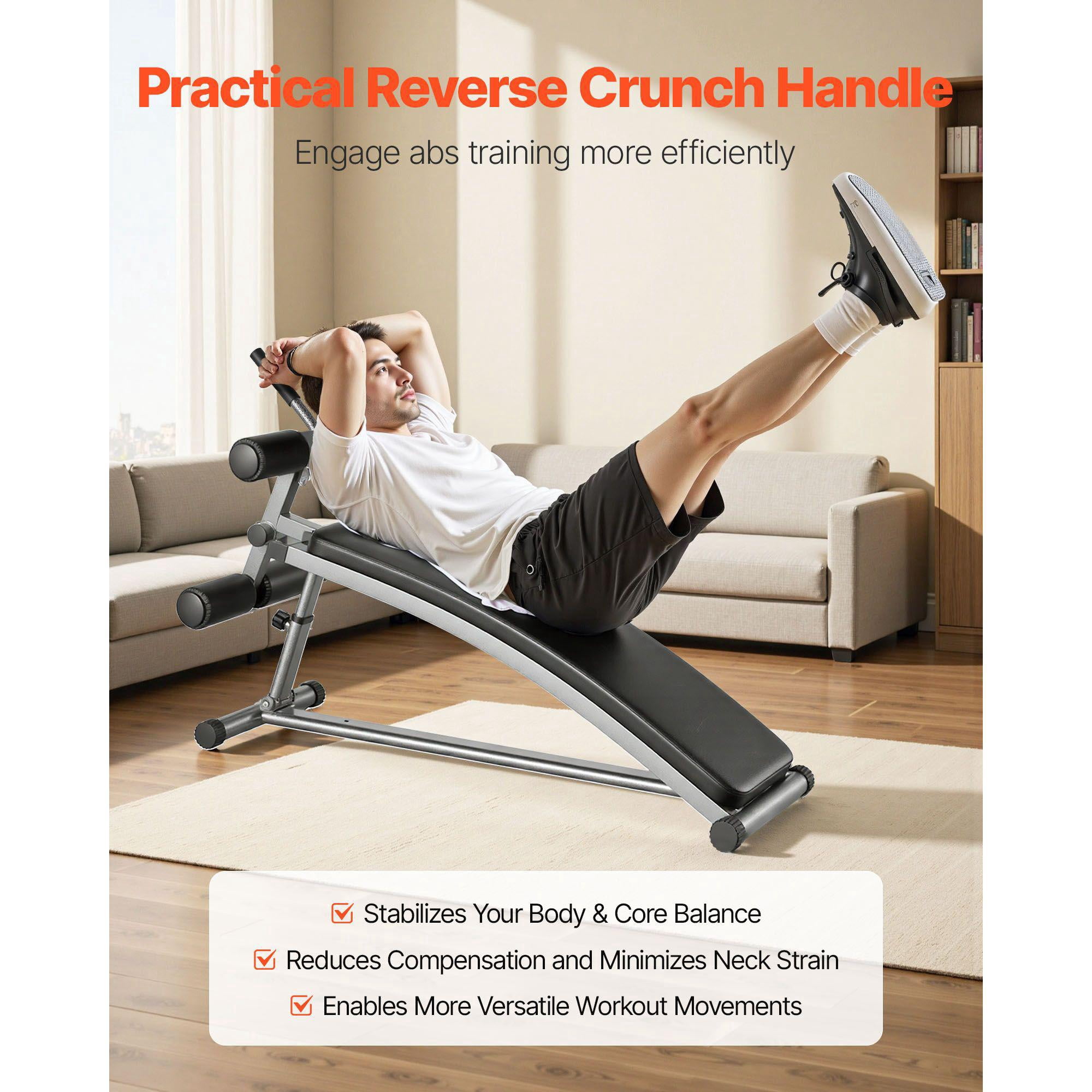 Curved Decline Ab Bench with Reverse Crunch Handle 6 Adjustable Height Heavy Duty Steel 600 Lbs Capacity for Home Gym Strength Training Full Body Workout