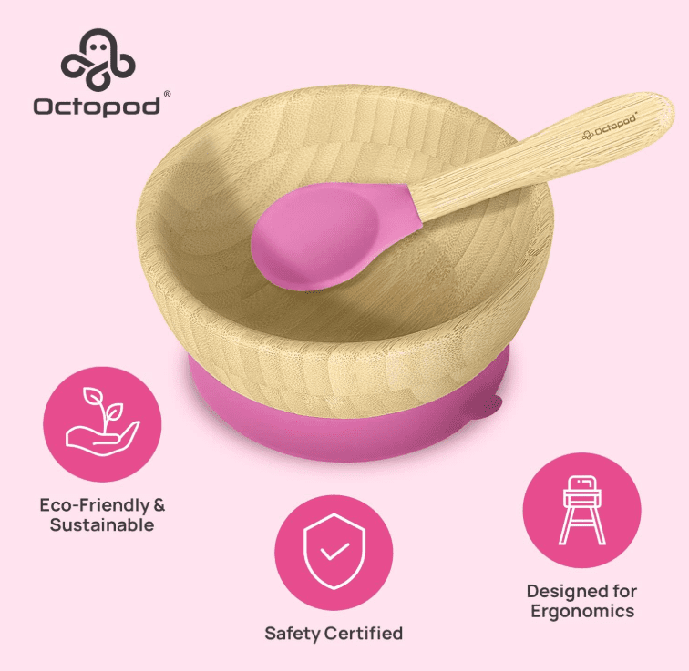 Abiie Octopod Bamboo Suction Bowl -  Baby Bowl with Suction for 4 months and up, High-Chair Bamboo Baby Plate, Mess-Free Toddler Suction Plates, Ergonomic Baby Feeding Supplies - (Pink)