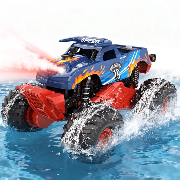 Vecukty 4WD Amphibious RC Monster Truck, Waterproof Remote Control Off Road Pickup Truck with LED Lights & Water Spray, 2.4GHz All Terrain RC Car, Toy Gift for Boys Girls Kids 4-12 Years Old