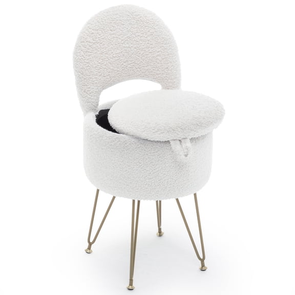 Korser Vanity Stool Chair with Folding Back,Upholstered Vanity Chair with Storage,Comfy Makeup Stool for Bedroom Living Room,White