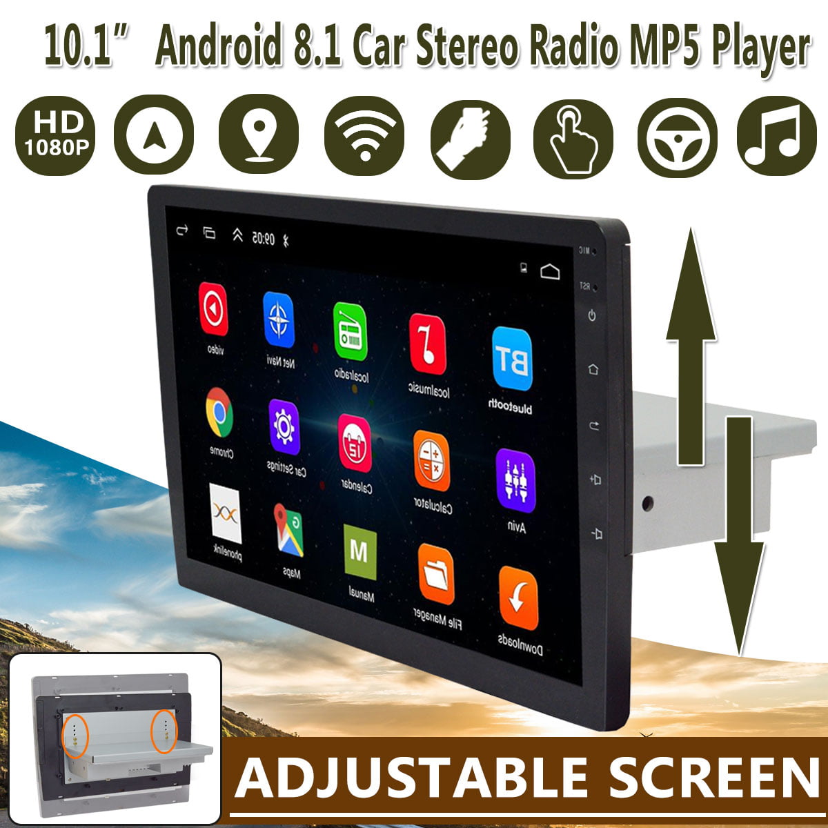 10.1" 1 Din Android 8.1 Car Quad-core Stereo Radio GPS MP5 Player Height Adjust