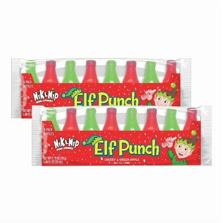 Nik-L-Nip Elf Punch Wax Bottle Candy 2 Pack, Green Apple and Cherry Flavors