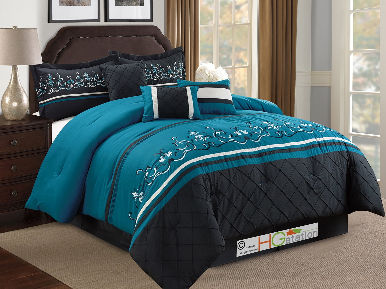 7Pc Floral Scroll Damask Striped Embroidery Diamond Pleated Comforter Set King Teal Blue Black