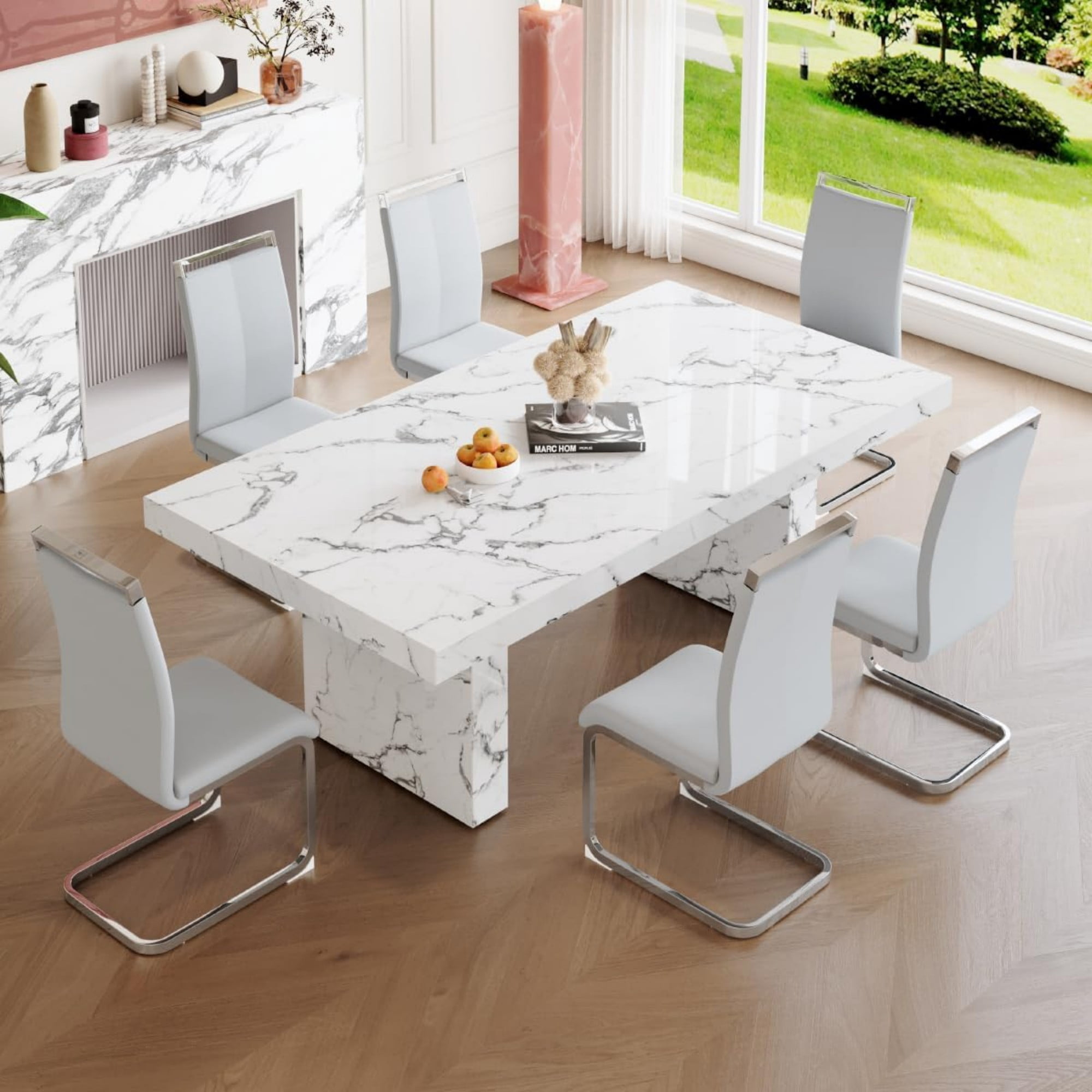 SUDICA Set of 4 Light Gray PU Leather Dining Chairs, Modern Upholstered High Back Kitchen Chairs with Chrome Metal Legs for Dining Room