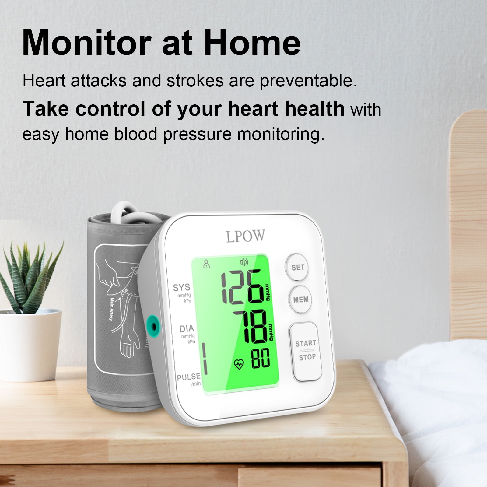LPOW Upper Arm Blood Pressure Monitor with Speaker, 2 Users, 198 Recordings, Large Cuff, Large Display Screen