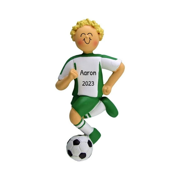 Personalized Soccer Ornament 2024 Male Blonde Player in Green Uniform 1 Count - Ornaments by Elves