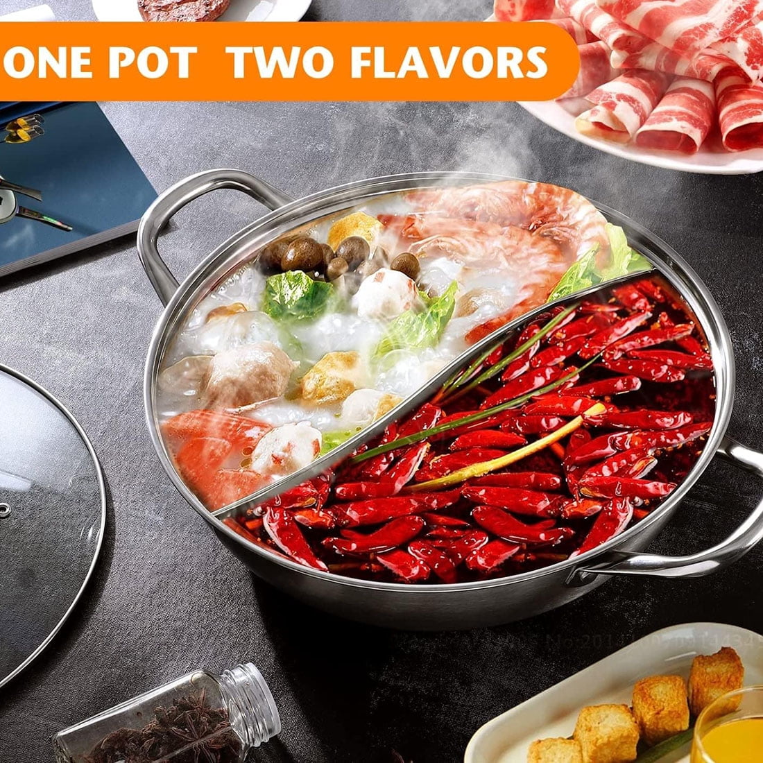 LP Living Plus Dual Sided Stainless Steel Shabu Shabu Hot Pot with Glass Lid, 30cm