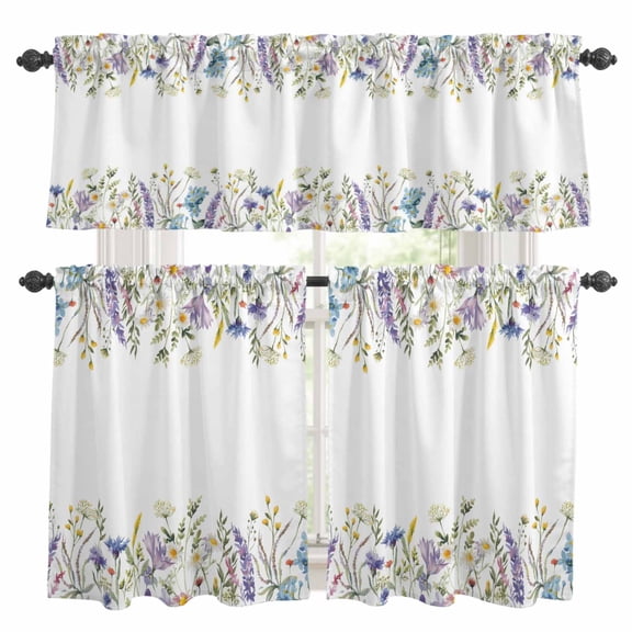 Purple Lavender Kitchen Curtains Sets for Windows 24 Inch Length, Spring Pastoral Wildflowers Botanical Rod Pocket Window Treatments Tier Curtains and Valances Set for Bedroom/Bathroom