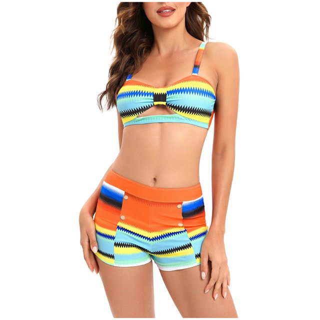 Traje de baño con pantalones bóxer divididos ahuecados con estampado de color degradado multicolor a la moda para mujer Fridja nalpqowj59641