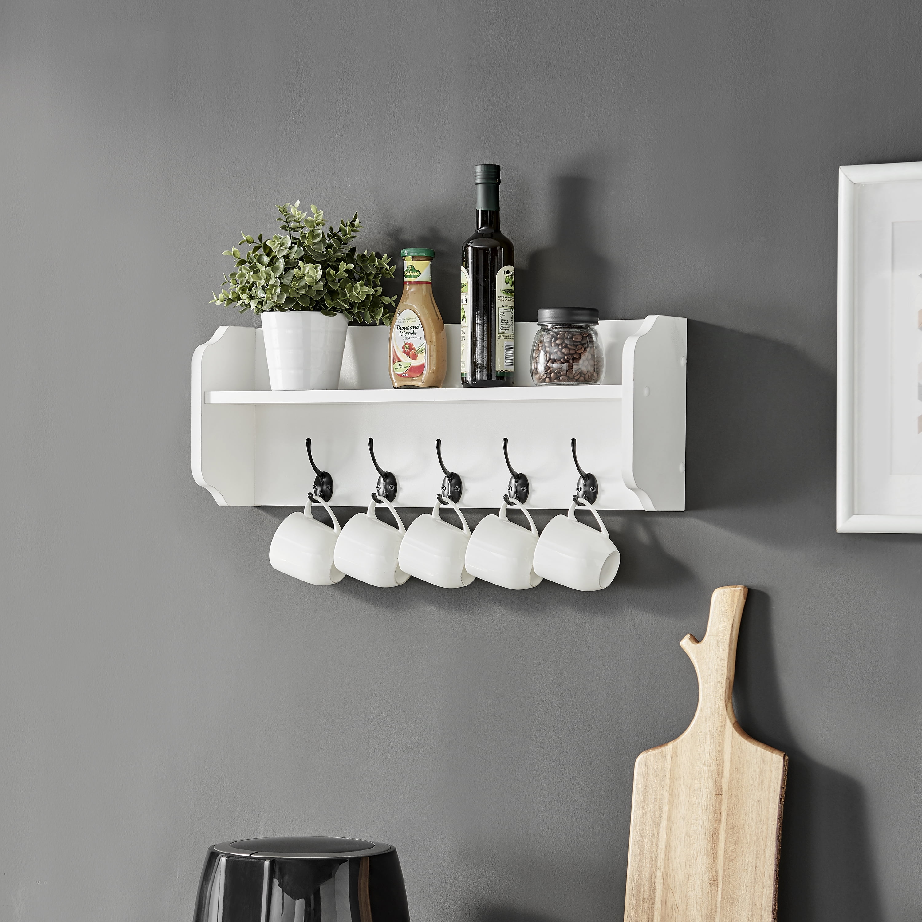Entryway Floating Utility Wall Shelf with Hooks – Wall Mounted - White