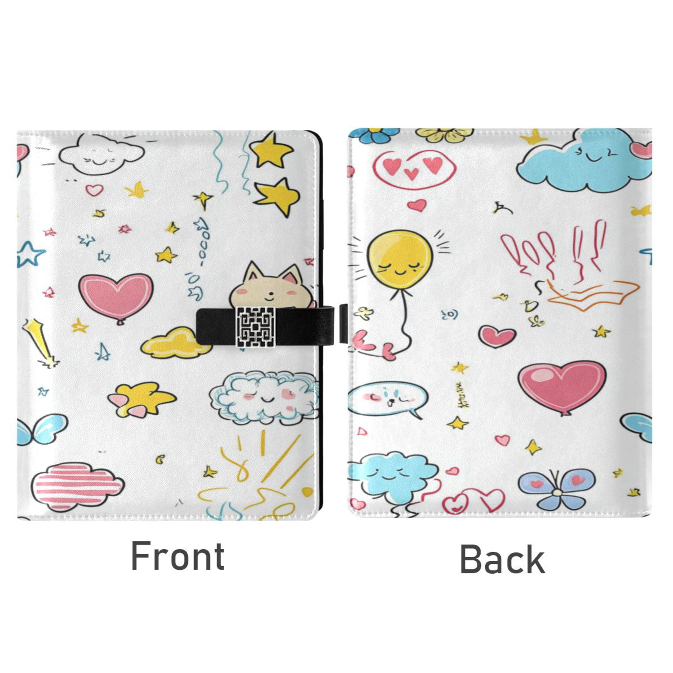 9.2x6.7 inch Leather Notebook 100 Sheets, Multi-Pocket Design & Pen Loop Cute Stickers Cartoon Drawings Refillable Journal Organizer